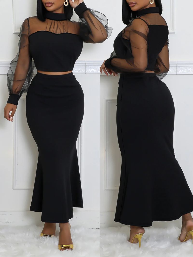 Abbigliamento da donna Moda femminile Eleganti top con giunture in rete Gonne lunghe tailleur_voghion.com