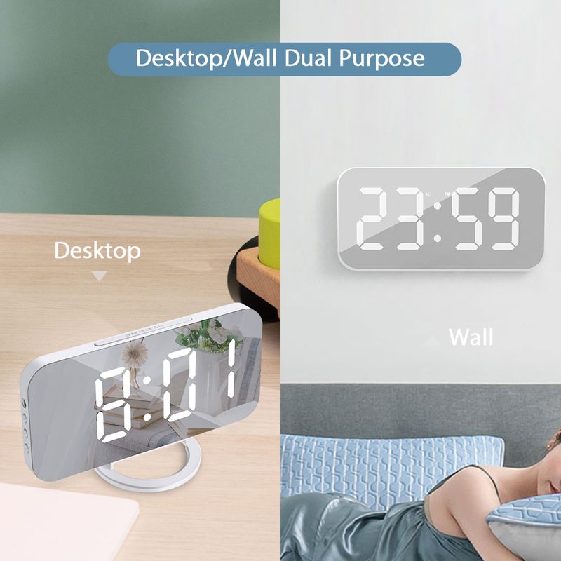Digital LED Alarm Clock Mirror 2 USB Charger Ports Night Light LED Table Clock Snooze Function Adjustable Brightness Desk Clocks_voghion.com