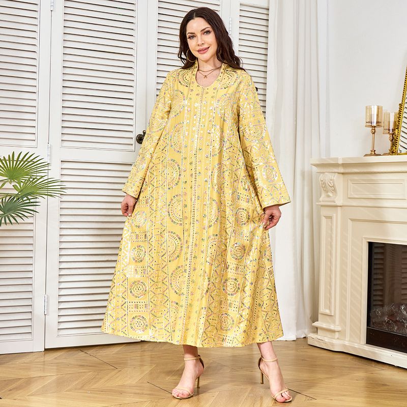 Robe musulmane pour femmes, vêtements d'usine, abayas à manches longues, jupe longue jaune à paillettes_voghion.com