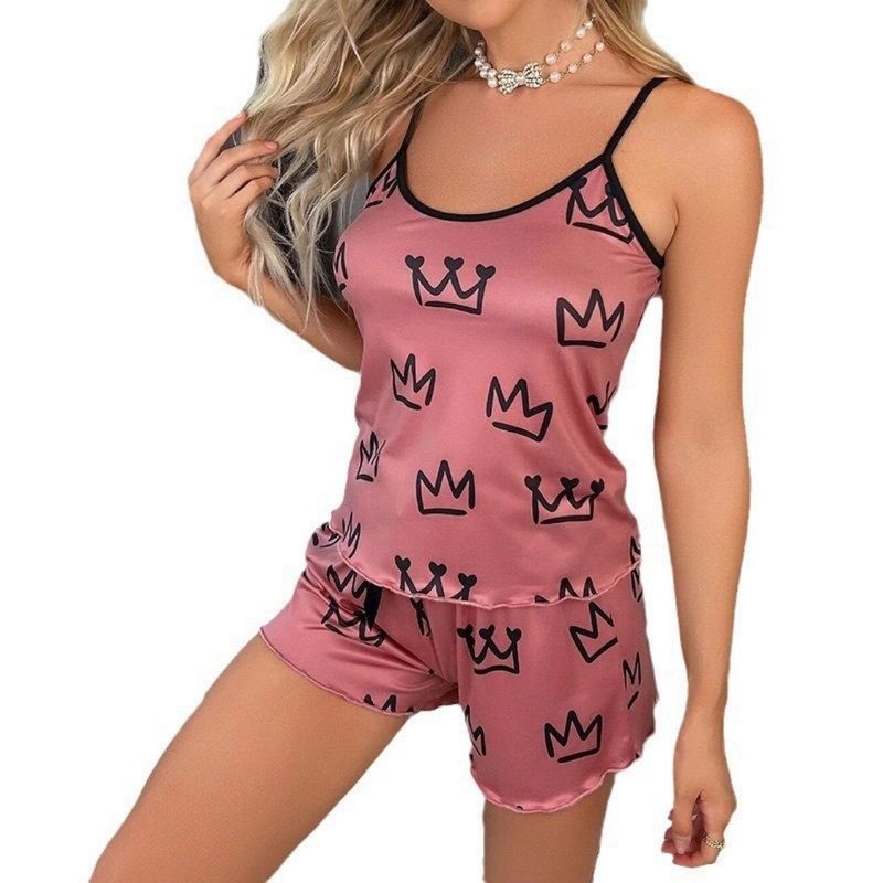 Sommermode Damen Sexy Strap Shorts Loungewear Color-Block Pyjamas Zweiteiliges Set_voghion.com