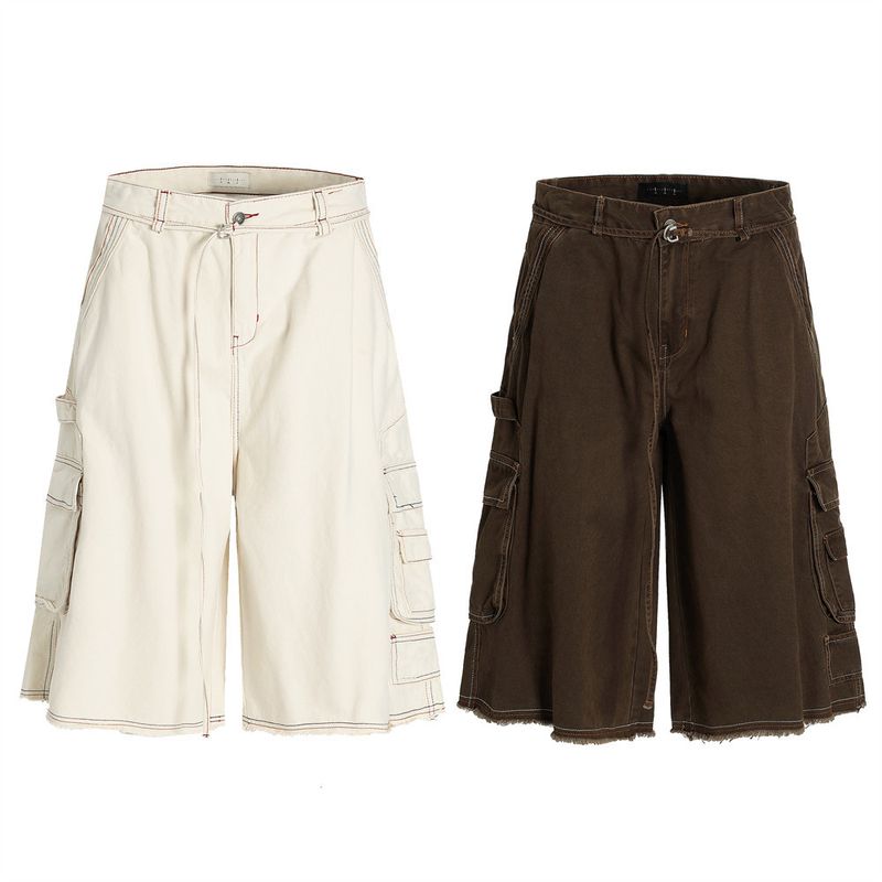 Herrenbekleidung Arbeitsshorts für Männer mit sichtbaren Nähten und Schnittkanten, Shorts mit weitem Bein im High-Street-Stil und mehreren Taschen, Hosen mit geradem Bein_voghion.com