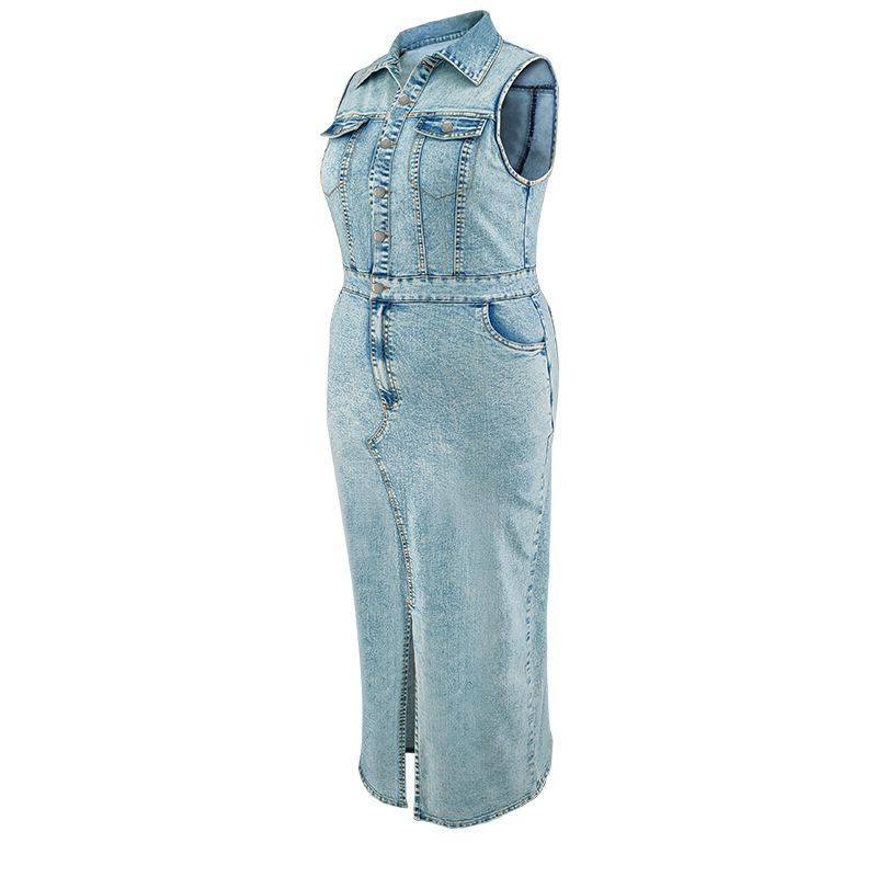 Abbigliamento da donna taglie forti abito senza maniche in denim con spacchi sul bavero_voghion.com