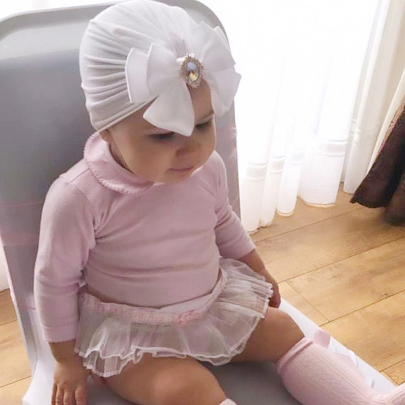 Gorro indio infantil con lazo y diamantes de imitación brillantes, gorros de algodón suave y agradable para la piel para niña, turbante, lazos hechos a mano a la moda_voghion.com