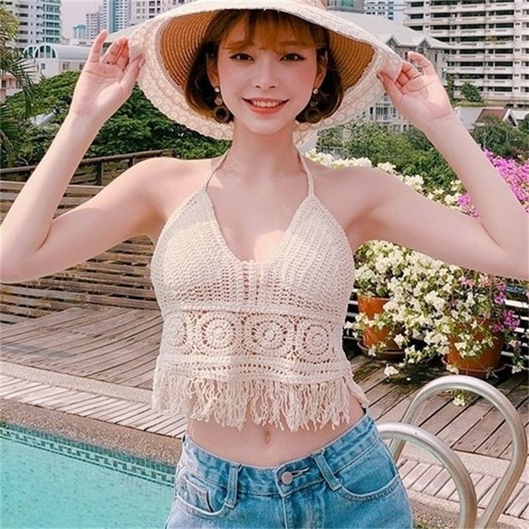 Halter neck small vest sling inner wear with exposed shoulder straps and chest pads backless hollow tube top embroidered vest women's summer short top_voghion.com