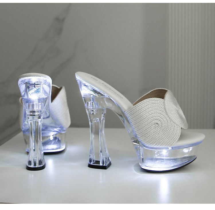 Ciabatte estive da donna con tacco spesso, trasparenti e in cristallo, alte 14 cm, antiscivolo, con fondo spesso, sexy e luminose._voghion.com