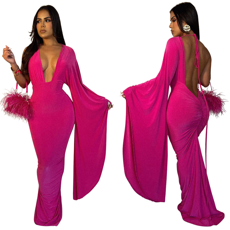 Abito da donna con gonna lunga senza schienale in tinta unita con maniche a spalla singola_voghion.com