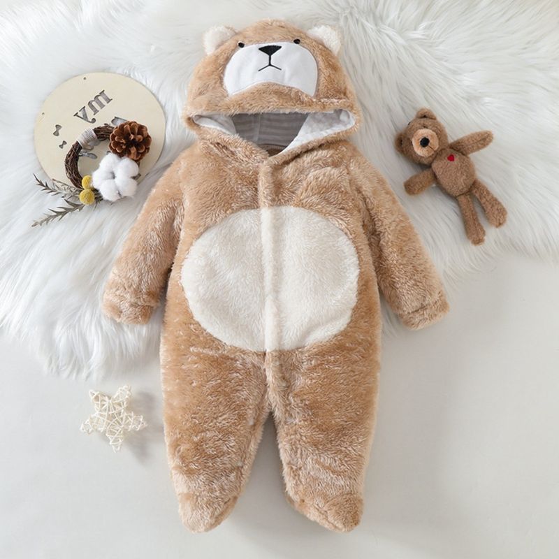 Mother & Kids Soft Fleece Baby Jumpsuit With Adorable Cartoon Prints - Long Sleeve Hooded Romper For Newborn To 12 Months (A-Class Safety Certified)_voghion.com