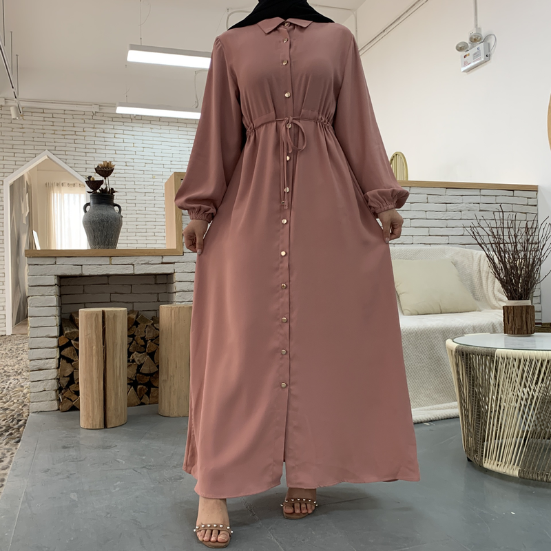 Roupas femininas nova moda muçulmana lapela cor sólida botão completo vestido fino saia longa_voghion.com