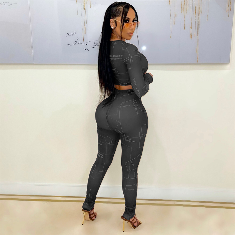 Costume deux pièces décontracté en maille imprimée lettre pour femme_voghion.com