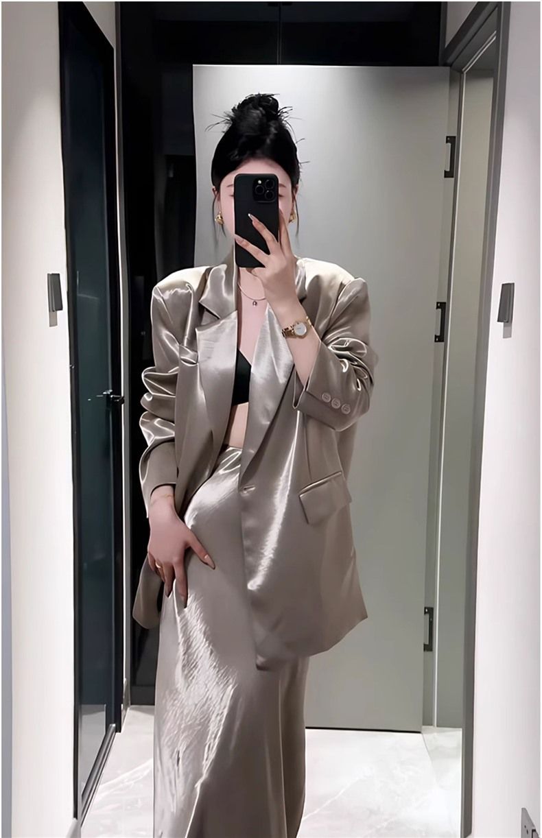 Modischer damenhafter Satinanzug für Frauen 2025 Frühjahr Neue Blazerjacke Hoher Taillenrock Zweiteiliges Set_voghion.com