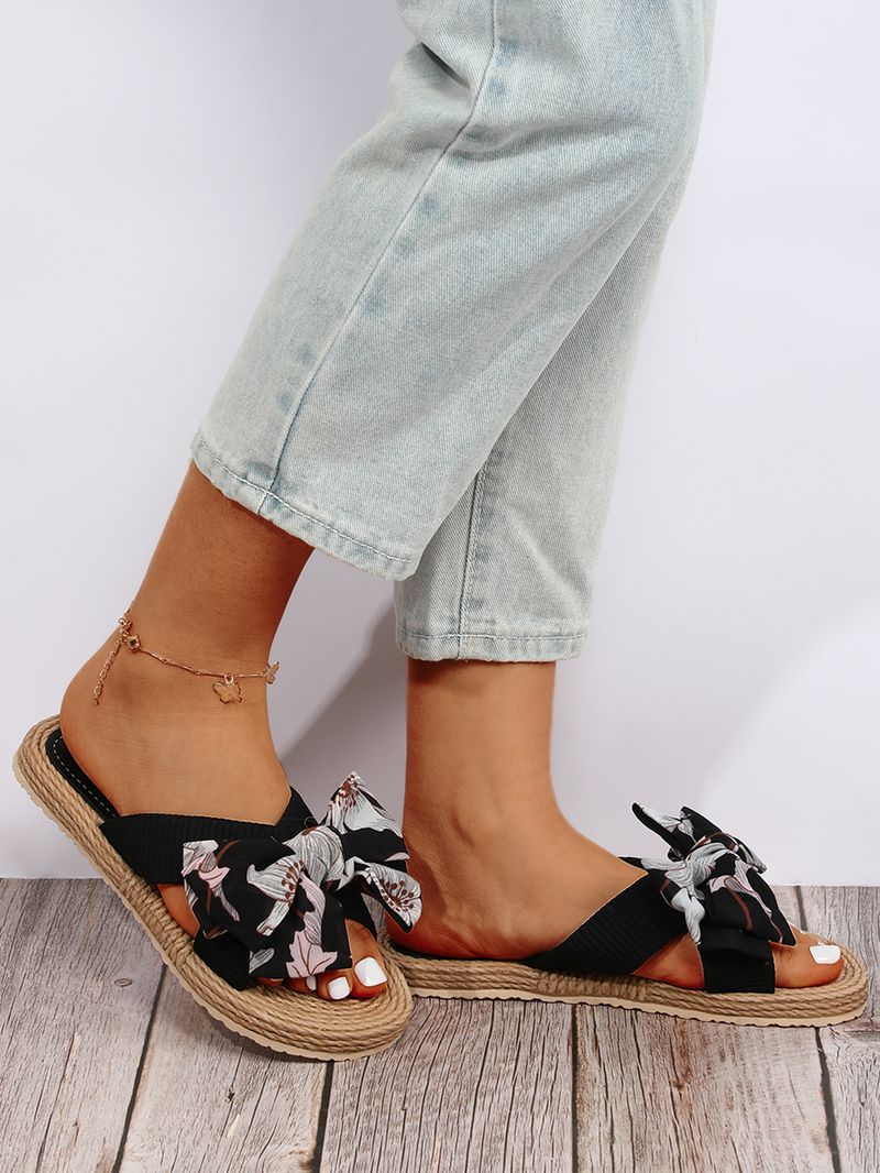 Γυναικεία Παπούτσια INS Χειροποίητα One Word Σχοινί Ψάθινο Υφαντό Four Seasons Νέα ραφές εξωτερικού χώρου Φιόγκος επίπεδη τακούνι παντόφλες για εξωτερικούς χώρους_voghion.com