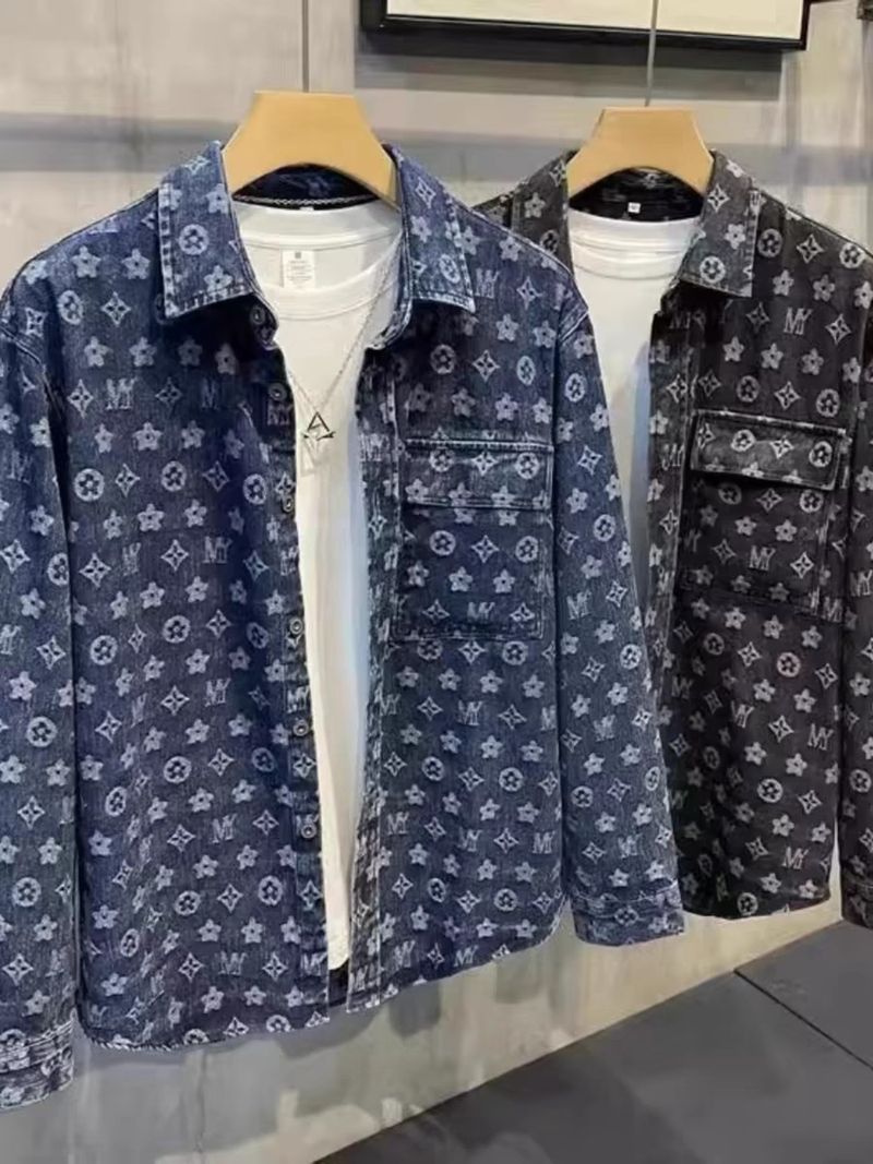 Herretøj Denimjakke til mænd Efterår Trendy Print High Street Løs Alsidig jakke_voghion.com