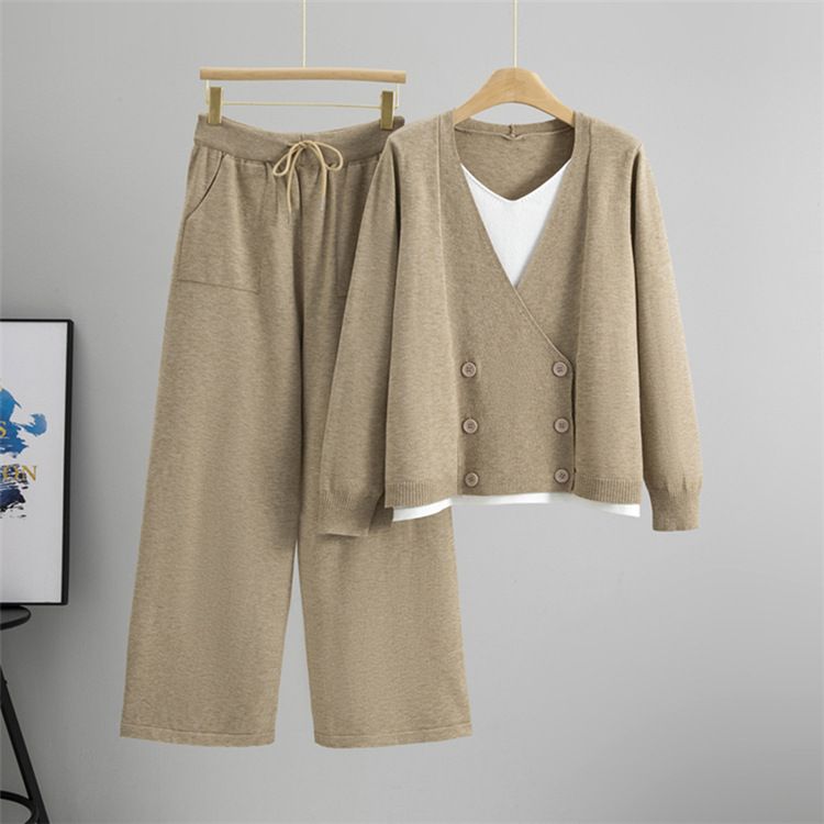 Set van gebreide trui en wijde broek voor dames – oversized vest en broek met hoge taille – kleurgeblokte combinatie van kantoor en weekend (kaki/zwart/grijs)_voghion.com