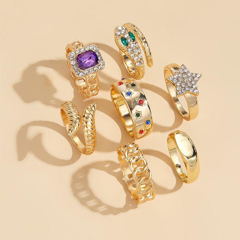 Unique Alloy 7-Piece Star Niche Layered Wear Set Metal Exaggerated Open Ring For Women_voghion.com