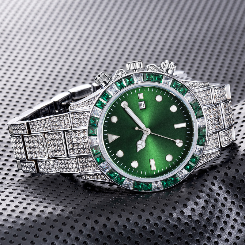 Ceas MISSFOX de înaltă calitate, cu incrustații Ditong, cu disc verde și diamant, Sunburst, cu cuarț luminos_voghion.com