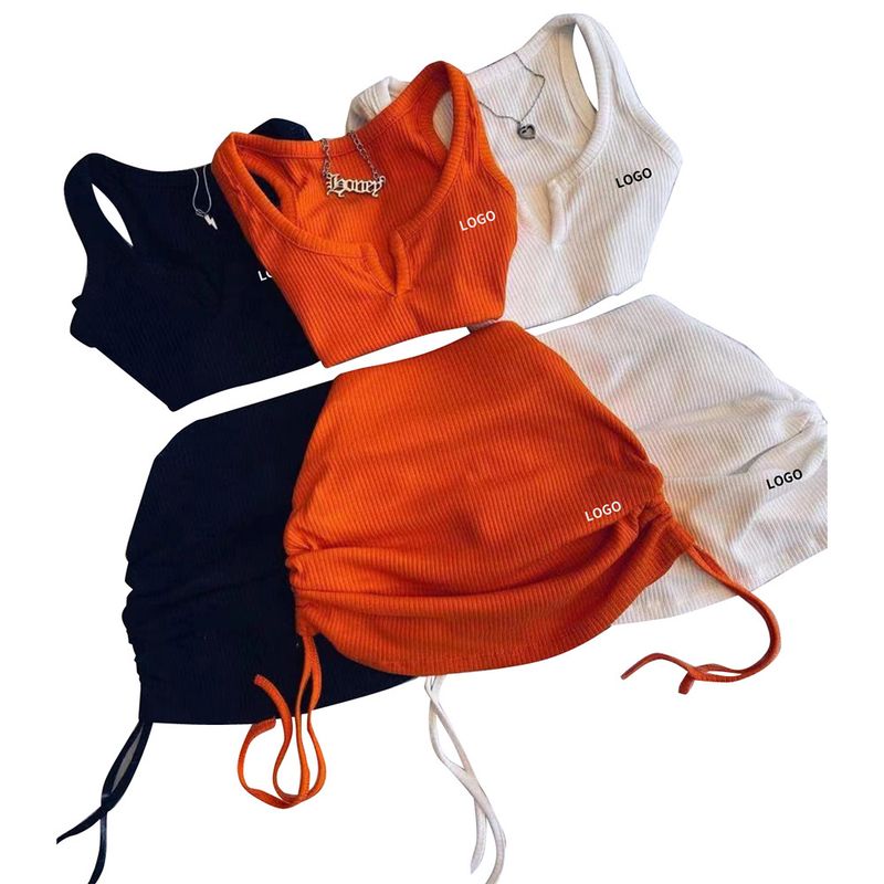 Y71356 Women's Cotton Ribbed High Elastic V-neck Waist Drawstring Embroidered Short Skirt Set_voghion.com