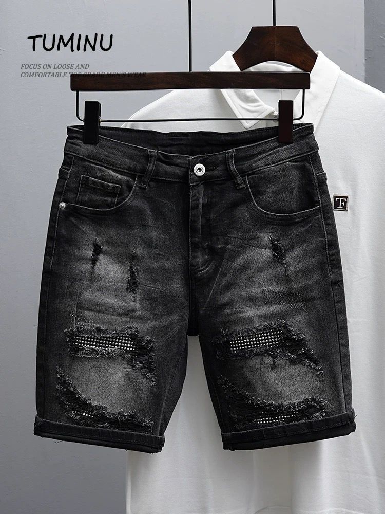 Herrenbekleidung Jeansshorts Trendy Neue Sommershorts Locker Vielseitig Schwarz Zerrissen Persönlichkeit Mittellange Hose_voghion.com