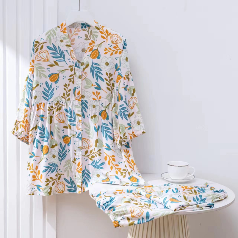 Pijamas de seda de algodón para mujer, ropa de hogar fina de talla grande con manga de siete puntos y botones de seda de algodón_voghion.com