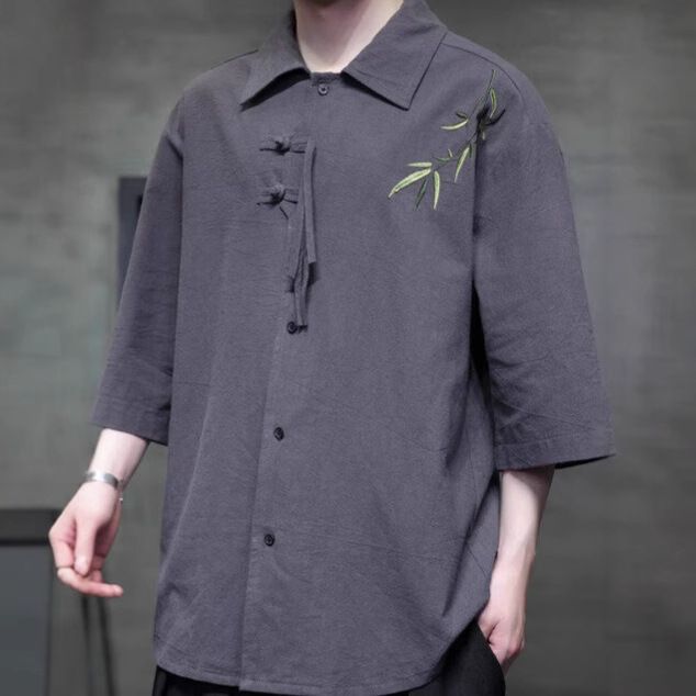 2025 Zomer Dunne Tang Kleding Hanfu Nieuwe Chinese Stijl Knopen Borduurwerk Top Losse IJs Zijden Korte Mouwen Shirt Voor Mannen_voghion.com