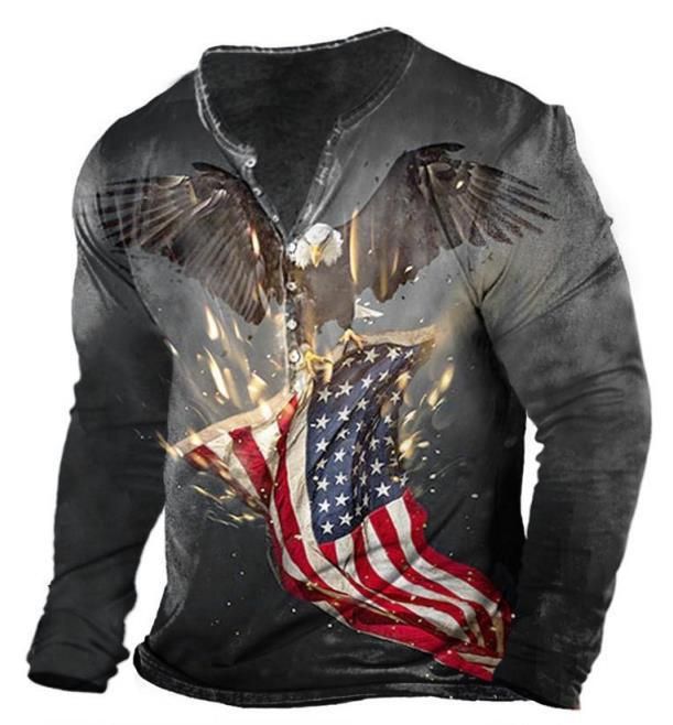 Unschlagbare Qualität Herren-T-Shirt mit V-Ausschnitt und Ärmeln, offener Knopfleiste, Kronenschädel, 7-Knopf-Baumwoll-Hemd Henry, lange Ärmel_voghion.com