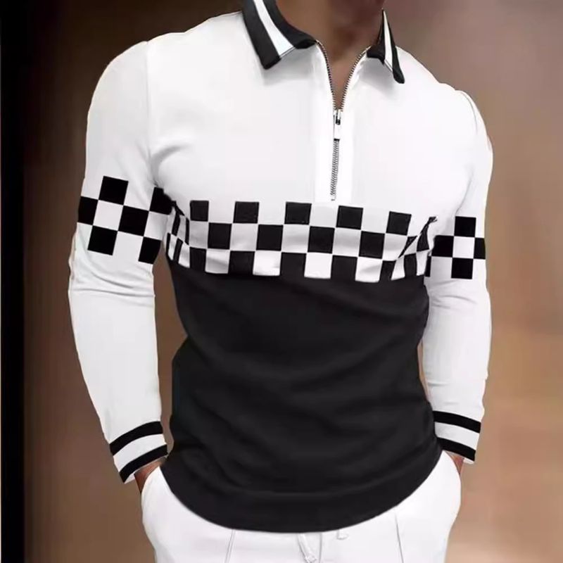 2025d 2021 Autumn Color Block Polo Shirt Men's Casual Loose Plus Size Long Sleeve Top_voghion.com