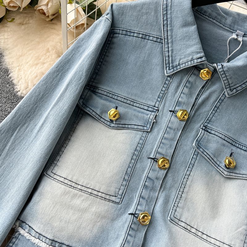 Abbigliamento da donna Dolce e fresco ragazza calda retrò design buco usurato vestito di jeans femminile autunno camicia a maniche lunghe + pantaloni a vita alta slim_voghion.com