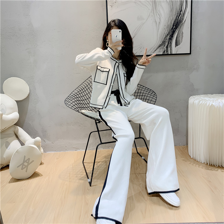 Women's fashion professional suit age-reducing temperament knit cardigan style wide leg pants two-piece set_voghion.com