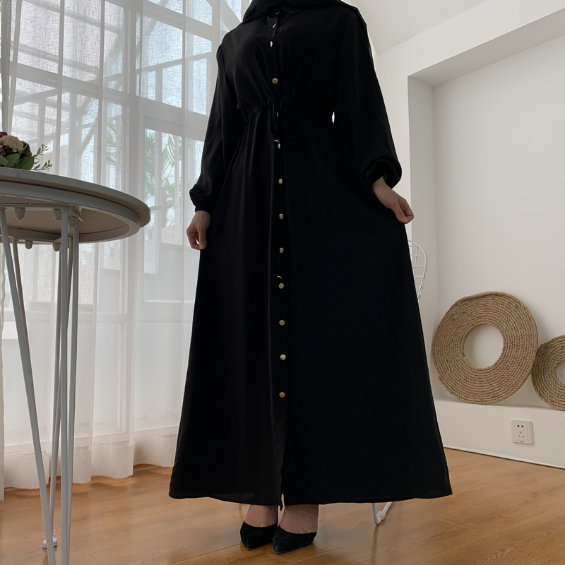 Roupas femininas nova moda muçulmana lapela cor sólida botão completo vestido fino saia longa_voghion.com