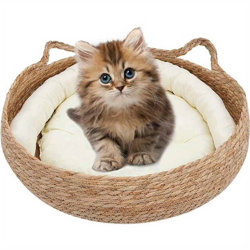Coussin en peluche tissé confortable pour lit de chat, coussin de sommeil profond, coussin de chenil rond tissé à la main pour animaux de compagnie, panier de nid de couchage avec oreiller pour l'intérieur_voghion.com
