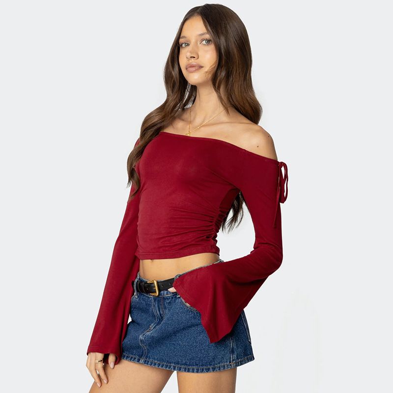 Q24TP650 Women's Autumn/Winter One Word Collar Bow Tie Shrink Fold Short Open Umbilical Top T-shirt_voghion.com