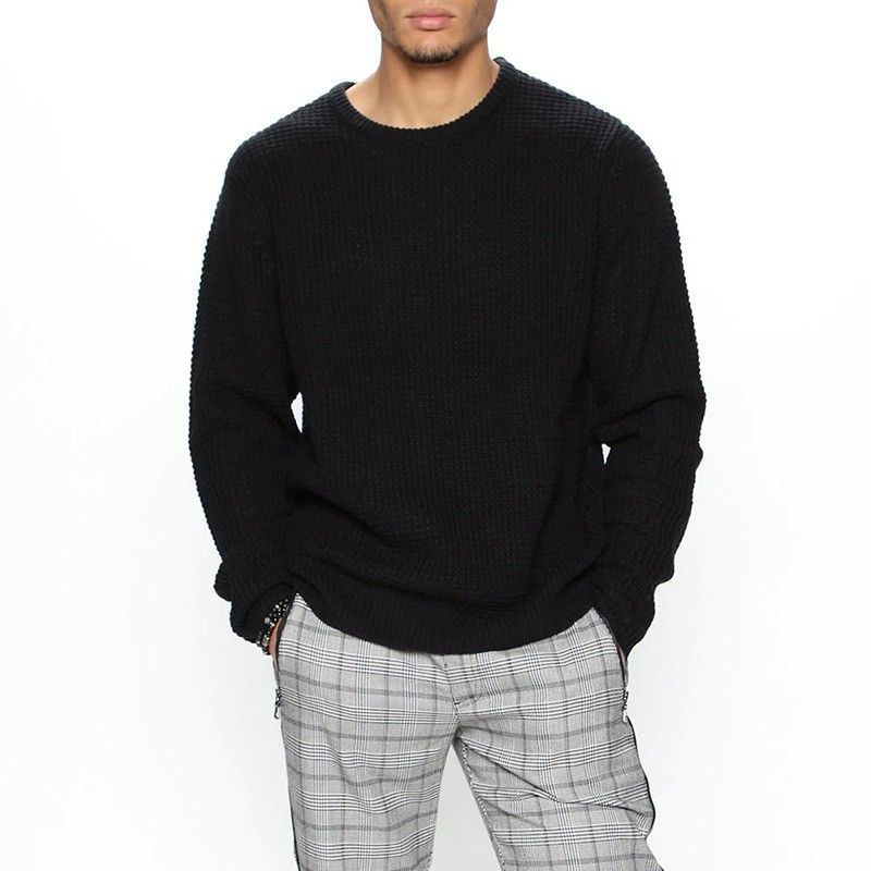 New Waffle Long Sleeved Round Neck Casual Men's Loose Pullover Knitted Sweater_voghion.com