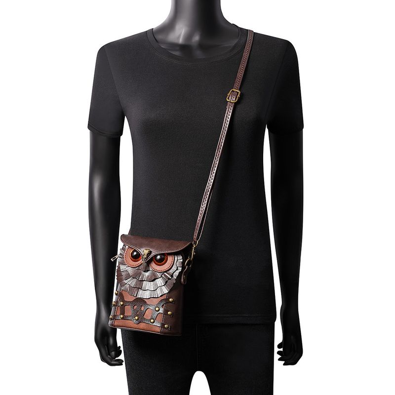 Mittelalterliche Steampunk-Gürteltasche aus PU-Leder in Eulenform für Damen – Farbblock-Nietendesign, Vintage-Retro-Umhängetasche und Gürteltasche_voghion.com