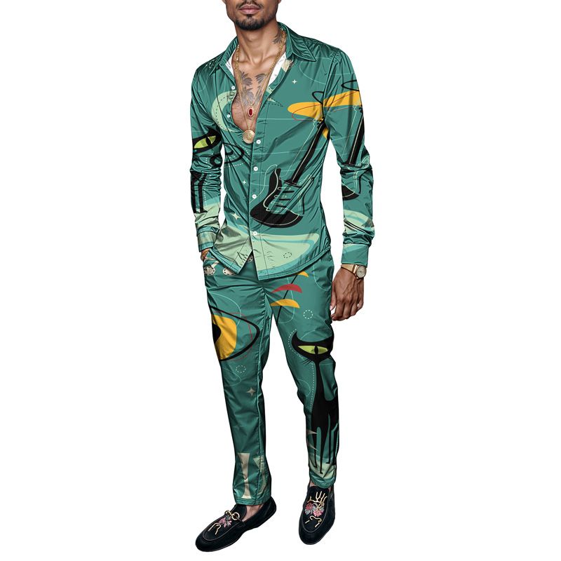 2025 Spring Summer Men Shirt Set Geometry Print Fashion Abstract Two Piece Set Mens Cat Lightweight Party Long Sleeves Suit Casu_voghion.com