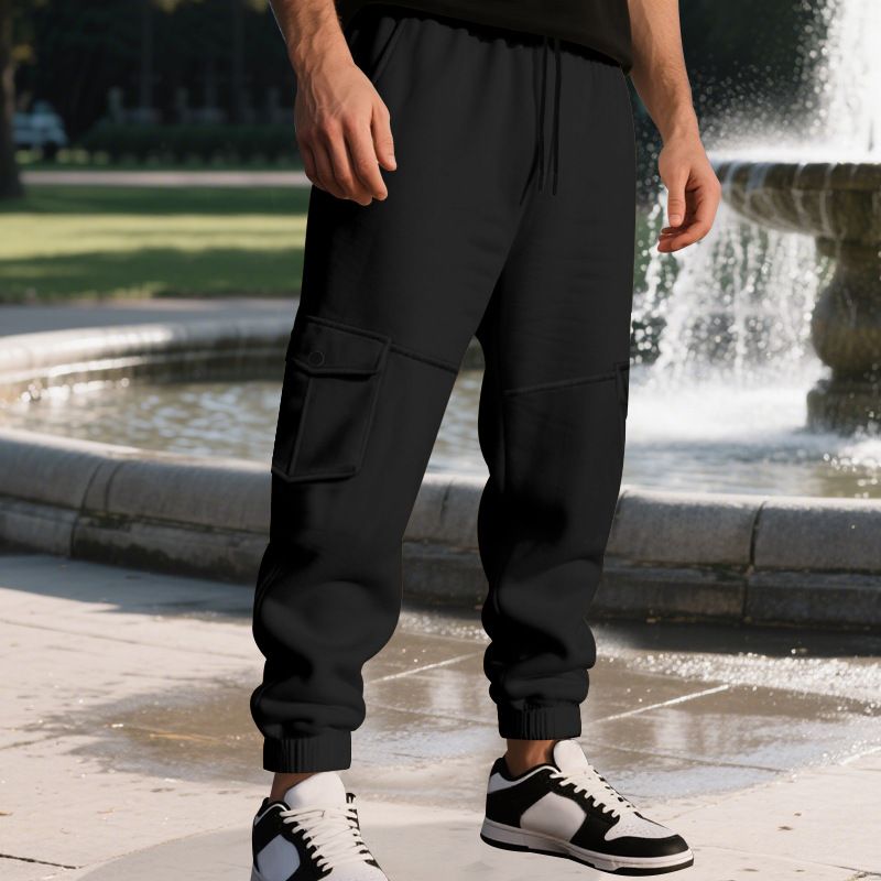 Autumn Winter Fleece Drawstring Men's Loose Casual Sports Multi-Pocket Cargo Pants_voghion.com