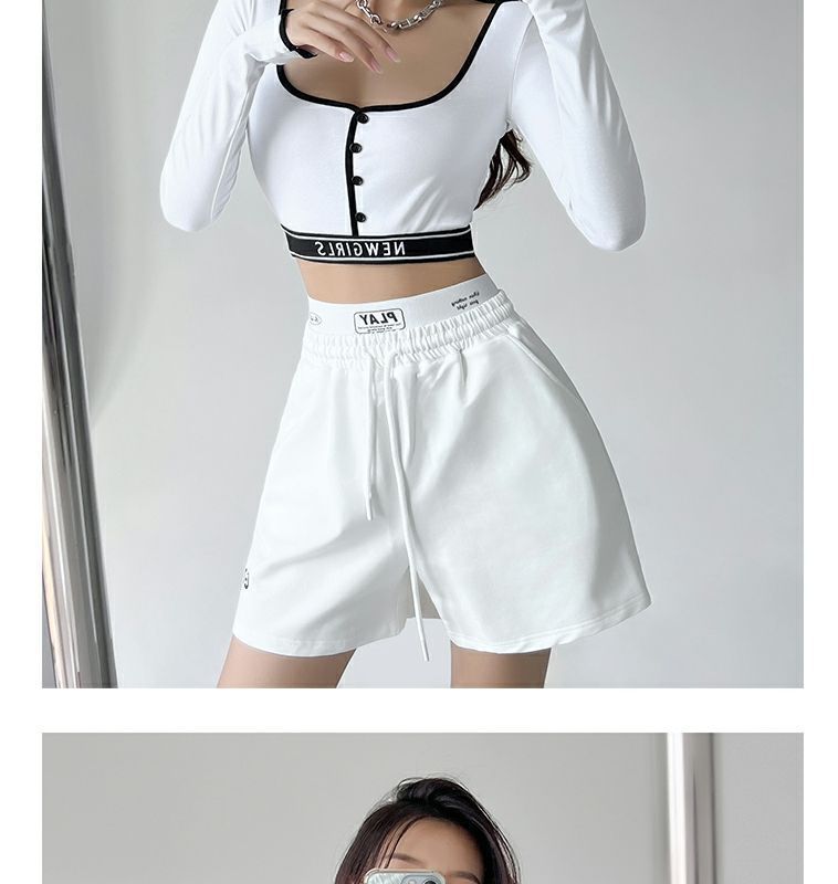 【】Letter elastischer Saum Farbblockbesatz Langarm Quadratischer Ausschnitt Slim Fit Schlankmachendes Hot Girl Top_voghion.com
