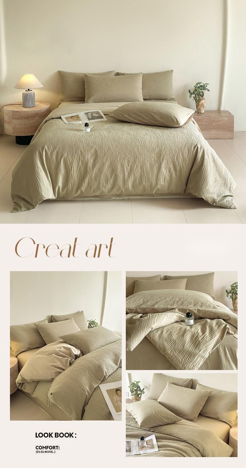 Biancheria da letto semplice ed elegante, quattro pezzi, copripiumino in puro cotone lavato jacquard, lenzuolo singolo, tre pezzi per dormitorio._voghion.com