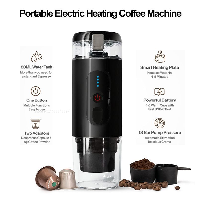 Nešiojamas kavos aparatas Espresso automobiliui ir namams Įkraunamas 20 barų DC12 V kavos virimo aparatas Fit Nespresso kapsulės kavos milteliai 20 barų_voghion.com