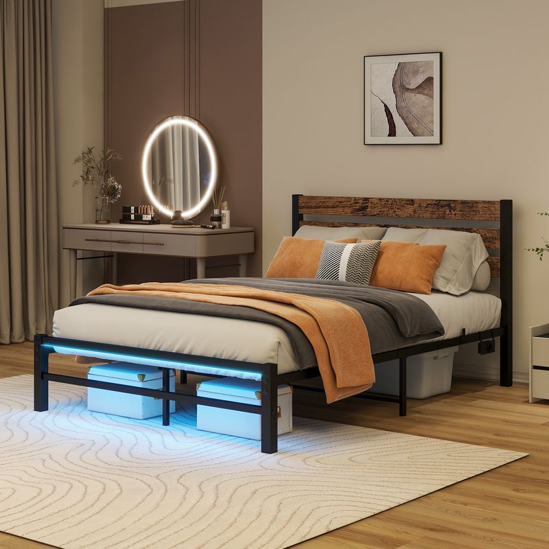 Bettgestell 120x200cm mit Kopfplatte, USB, LED, Stahlunterstützung_voghion.com