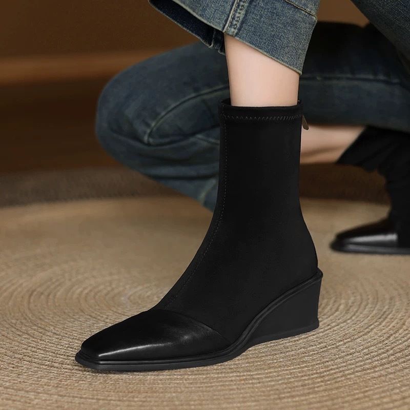Elastische Dünne Neue Herbst Neue frauen Square Toe Patchwork Mode Blockabsatz High Heels Kurze Stiefel Frauen_voghion.com