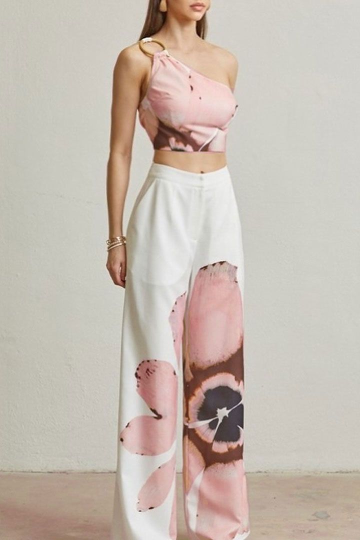 Women's Clothing Printed One Shoulder Slim Fit Wide Leg Pants Two Piece Set_voghion.com