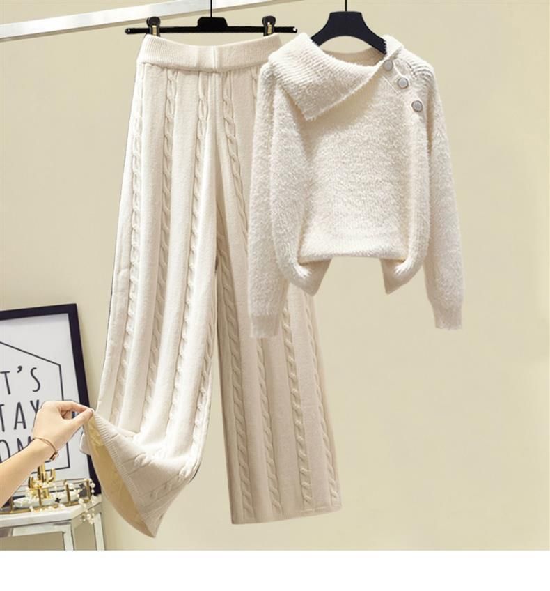 Abbigliamento da donna Completo tre pezzi per donna Completo autunno inverno da donna in 3 pezzi Maglione lavorato a maglia a trecce Gilet sottile spesso Pantaloni a vita alta e gamba larga_voghion.com