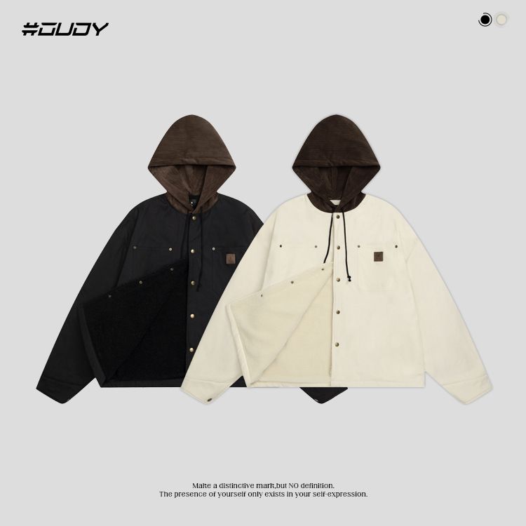 #OVDY Autunno/Inverno Nuovo Cappotto in Agnello con Cappuccio in Velluto a Coste e Tela con Cuciture e Cappuccio in Velluto Spesso_voghion.com