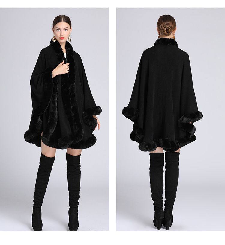 Fur Collar Cape Ladies Large Size Knitted Cardigan Loose Coat Artificial Fur Fashionable And Warm Shawl Cape_voghion.com
