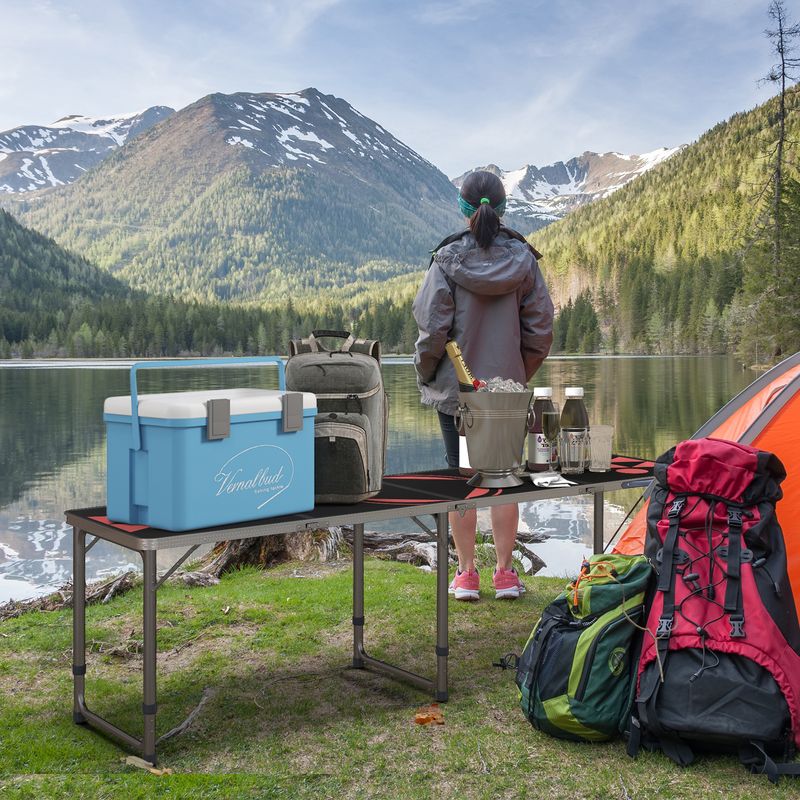 Outsunny 8ft Portable Beer Pong Table with Adjustable Legs, Folding Camping Table, Aluminum Picnic Table, for Party, Travel, BBQ, Beach, Black and Red_voghion.com