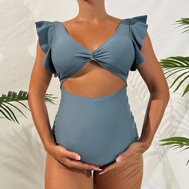 Zwangerschapsondersteunende badkleding voor vrouwen 2025 Nieuwe mode effen kleur losse korte mouwen buikbedekkende eendelige badpak_voghion.com