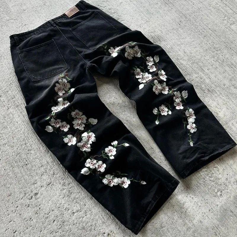 Erkek Giyim Retro Kişilik Sokak Çiçek İşlemeli Kot Pantolon Erkek Ve Kadın Rahat Bol Pantolon_voghion.com
