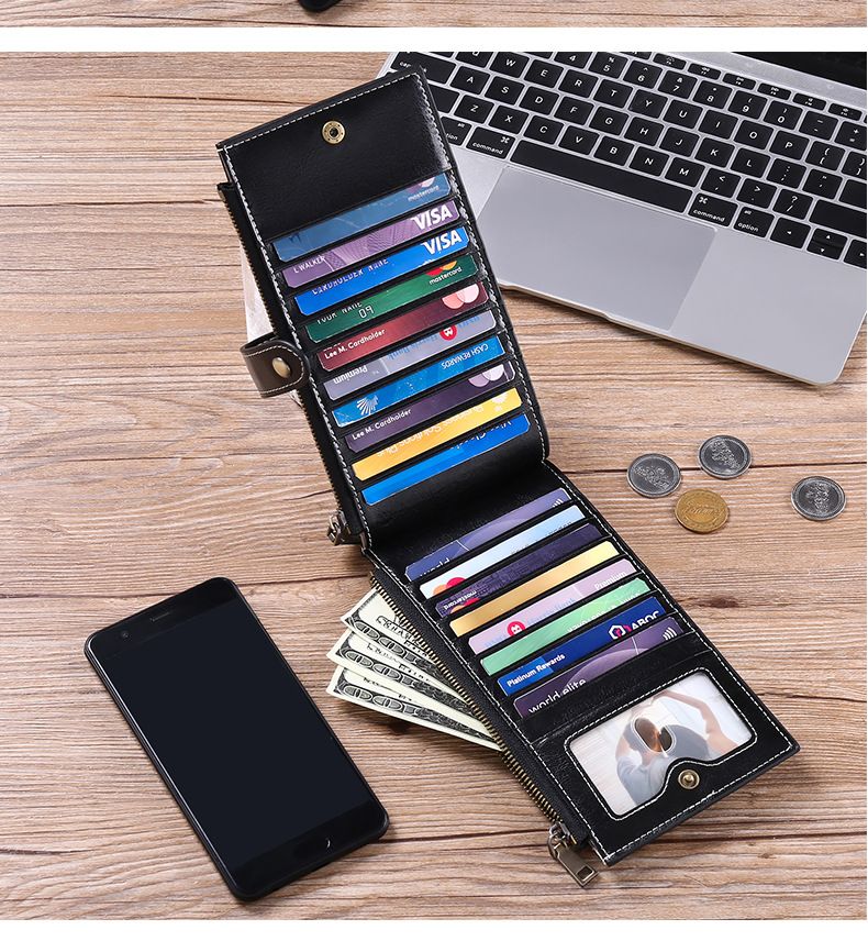 Large Capacity Women's Oil Wax Cowhide Vintage Card Bag Multi-Card Zipper Mobile Phone Bag Multifunctional Wallet_voghion.com