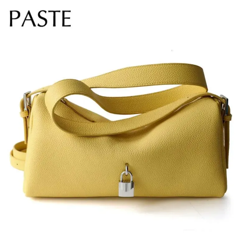 Designer 2025 Ins Chic LOCK Design Soft Horizontal Cylindrical Shape Pillow 100% Real Leather Women Shoulder Yellow Sky_voghion.com