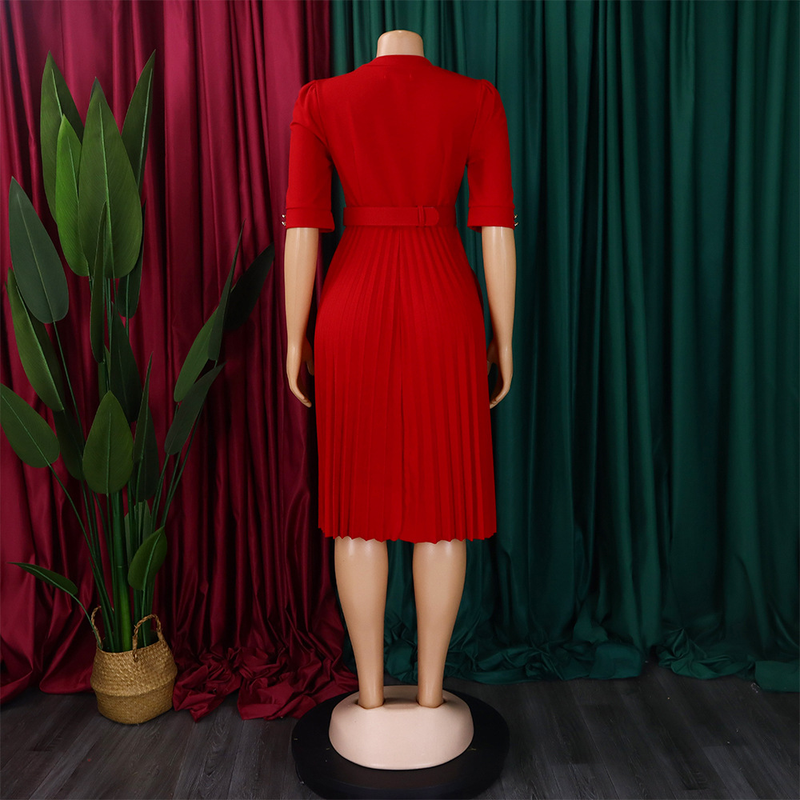 Robe de commerce extérieur plissée à boutons de couleur unie de style africain pour femmes automne et hiver_voghion.com
