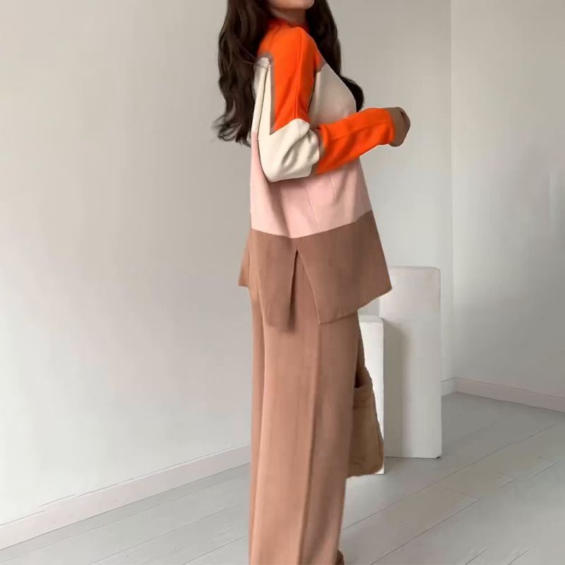 Completo da salotto in maglia color-block – Pantaloni comodi con orlo diviso e cardigan lungo (nero, verde, cammello) – dalla XS alla XXXL_voghion.com